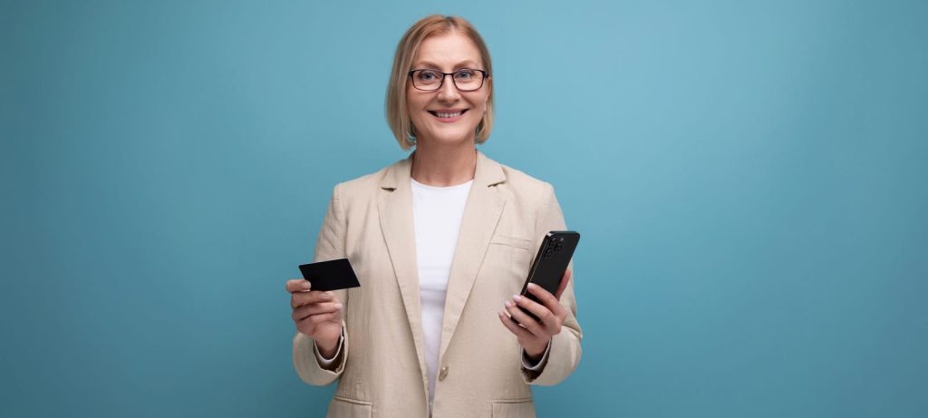 business credit woman holding card image